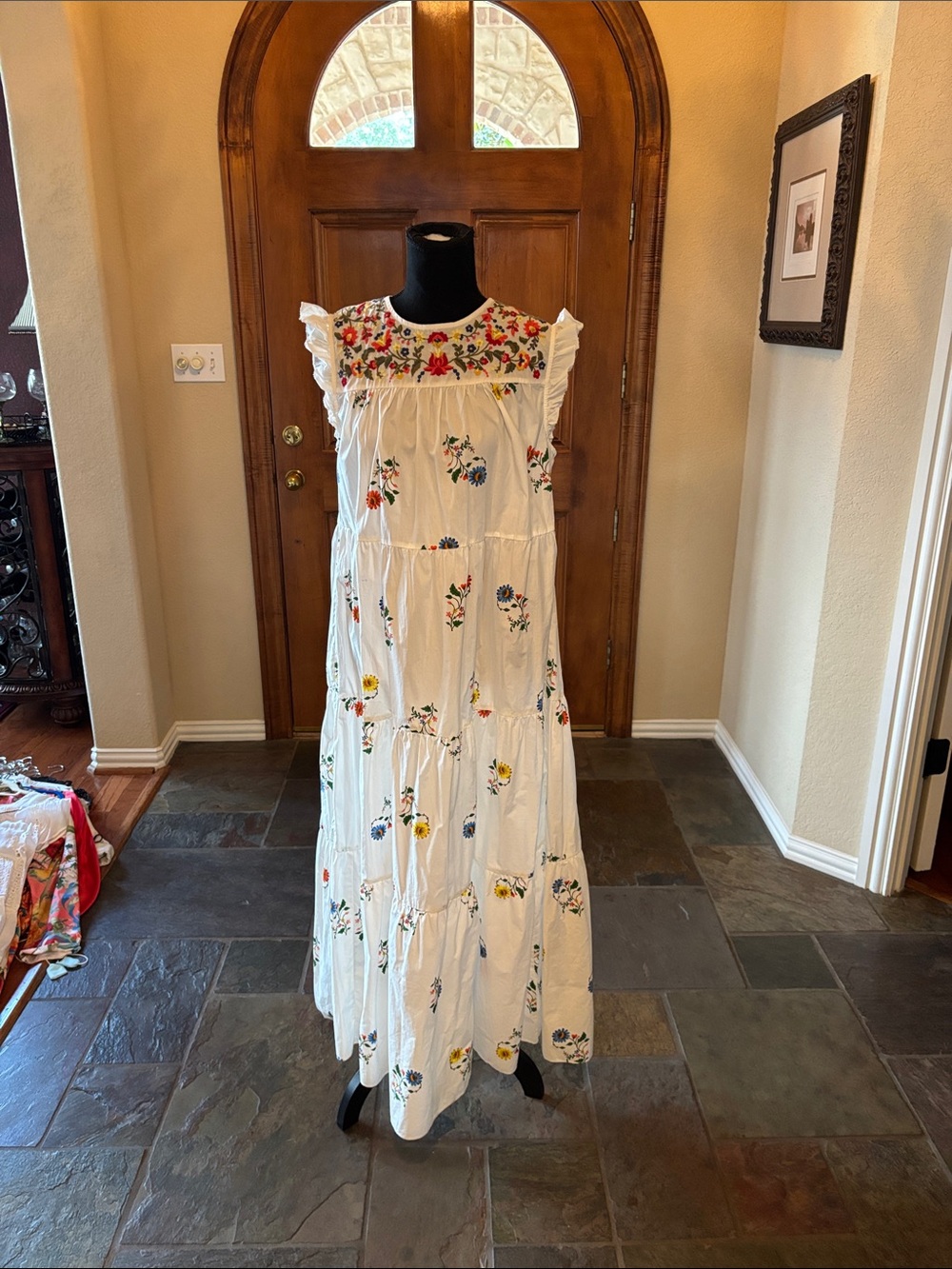 Zara White Maxi Dress with Multicolor Floral Embroidery